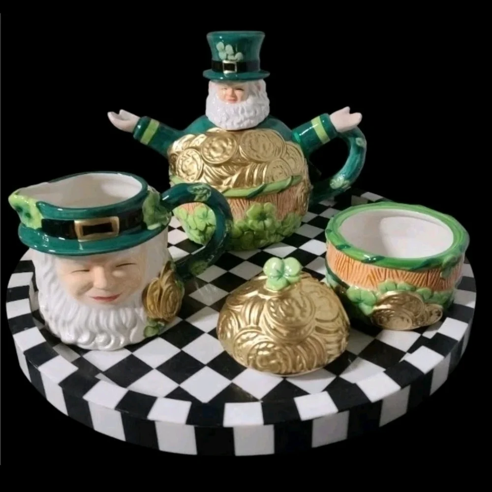3pc St Patrick's Day Lucky Shamrock Leprechaun Pot O' Gold Teapot Sugar Creamer